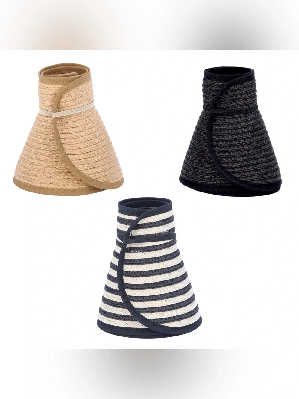Pack of 3 Women's Wide Brim Packable straw Visors Tan, black Stripe & Black NWT